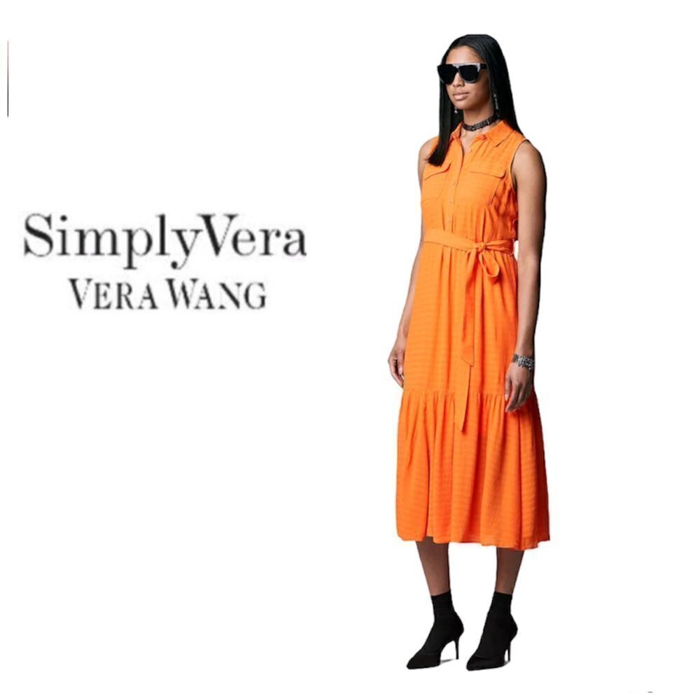 Simply Vera Wang Womens Orange Sleeveless Button Front Midi Shirt Dress Sz M New - Picture 6 of 9
